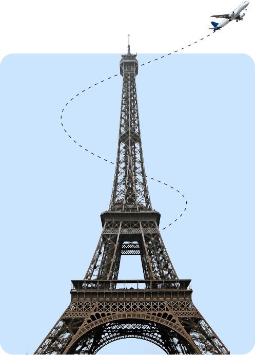 Eiffel tower in France with a flight to abroad in the background 