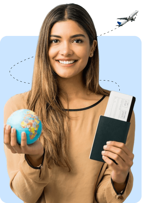 An student holding their visa along with flight tickets and a globe, they are happy that they are studying abroad with the help of keny abroad.